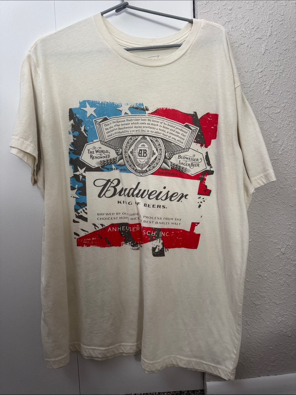 Budweiser Cream Short Sleeve Tee with Red & Blue Label Graphic